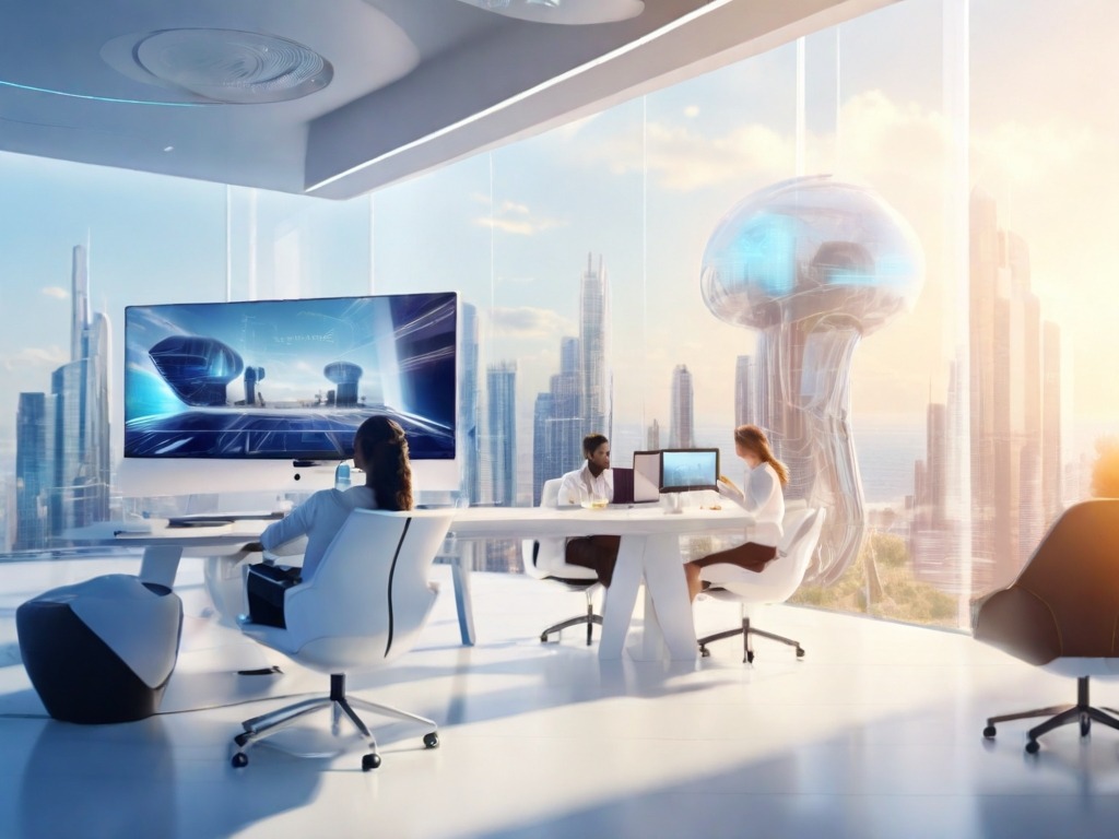 Default a futuristic office on a sunny day with AI and video p 1